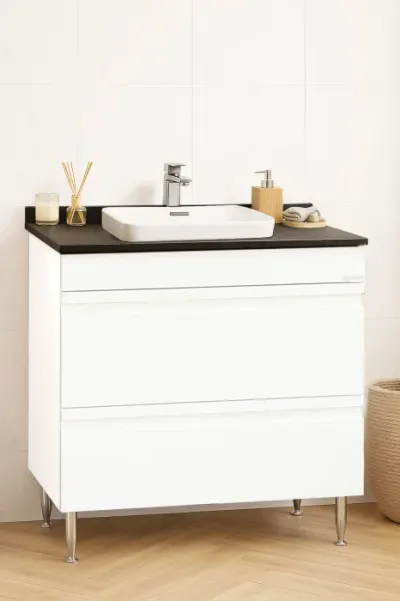 Set Baza front MDF si Lavoar seria 686, cu sertare, montat, 80 cm, alb