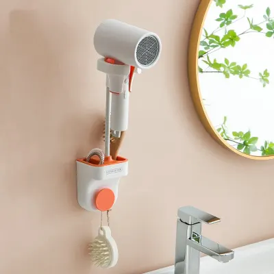 Suport pentru para de dus sau feon, multidirectional, din ABS, montare pe perete, lipire, rezistent, cu spatii de depozitare incorporate, alb/portocaliu