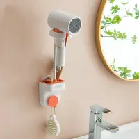 Suport pentru para de dus sau feon, multidirectional, din ABS, montare pe perete, lipire, rezistent, cu spatii de depozitare incorporate, alb/portocaliu
