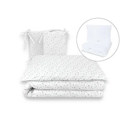 Lenjerie patut cu 5 piese, MimiNu, Pentru patut 120x60 cm, Cu pilota si perna, Din bumbac certificat Oeko Tex Standard 100, Mini Gray Stars