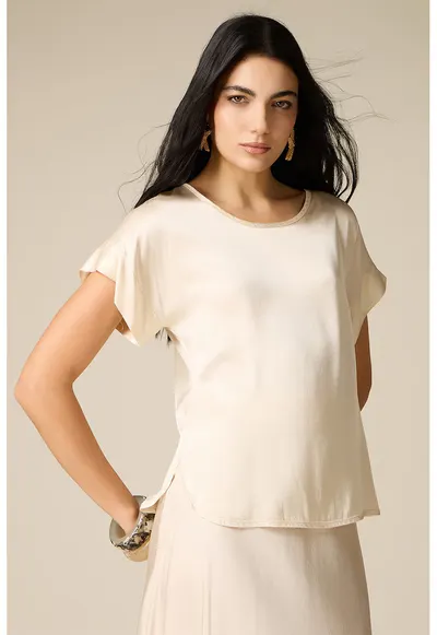 Bluza de satin cu maneci scurte - Crem