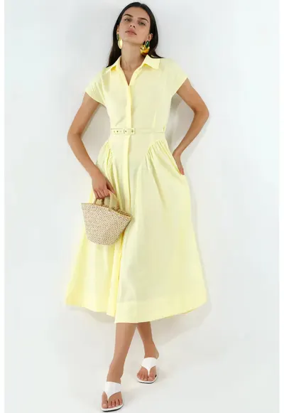 Rochie Midi cu Cordon - Galben Lamaie - Bumbac si Poliester - Casual