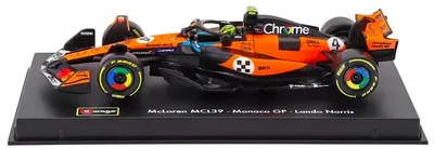 Model de colecție Bburago Mașini de curse - McLaren MCL39 #4 Lando Norris Pole Position & Winner Monaco GP / Formula 1 World champion (2025) (with pilot and showcase)