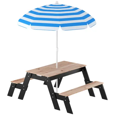 AIYAPLAY Masă de picnic pentru copii cu parasolar, set de grădină din lemn 3 în 1 pentru copii 3-6 ani cu 2 cutii, natural | Aosom Romania