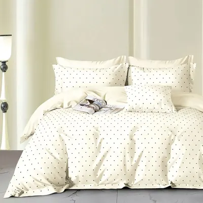 Lenjerie de pat Somnart Percale cu 4 piese, cearceaf pat clasic 240 x 260 cm, cearceaf pilota 200 x 230 cm si 2 fete perna 50 x 70 cm model cu buline