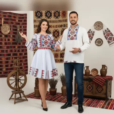Set Cuplu 646 Camasa Traditionala si Rochie Stilizata cu motive traditionale