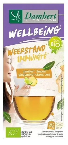Ceai bio din plante pentru imunitate cu ghimbir și lime, 20 plicuri, Damhert