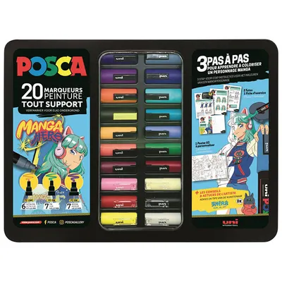 Set 20 markere cu vopsea Posca Manga Hero in cutie metalica