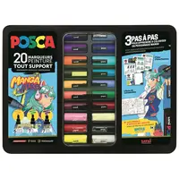 Set 20 markere cu vopsea Posca Manga Hero in cutie metalica