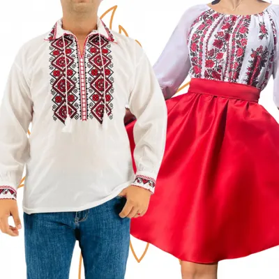 Set Cuplu Traditional 414 Camasa Traditionala si Rochie cu motive traditionale