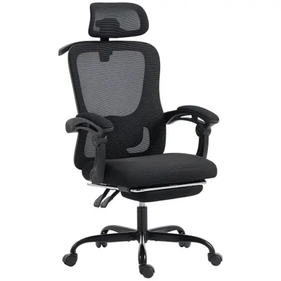 HOMCOM Scaun de birou ergonomic, fotoliu din plasă cu tetieră reglabilă, suport lombar, 64x64x124cm, negru | Aosom Romania