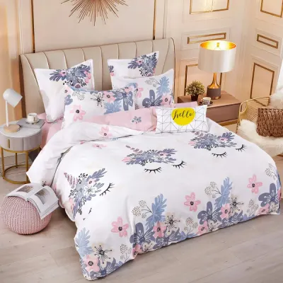 Lenjerie pat dublu, FINET, 6 piese, cu ELASTIC, Jojo Home, Alb-Multicolor, unicorni, flori