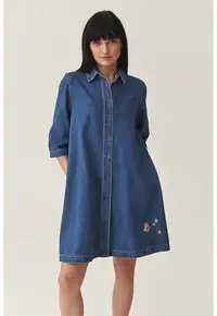 Rochie-camasa din denim cu broderii florale - Albastru oceanic