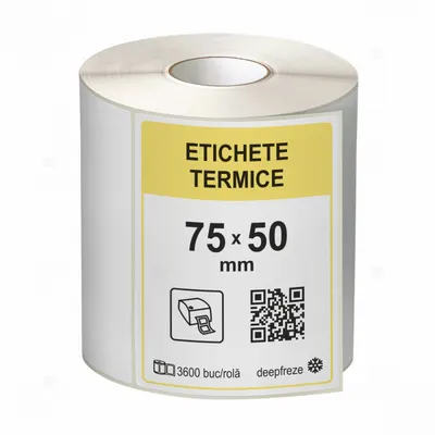 Role etichete termice autoadezive 75x50 mm, adeziv deepfreeze, 3600 etichete rola