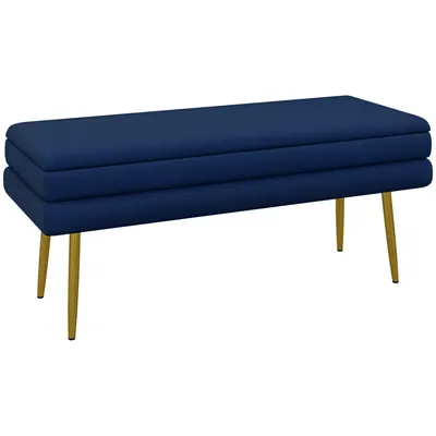 HOMCOM Bancă bancă cutie de depozitare 2 în 1 scaun aspect catifelat și picioare de oțel - 100 x 37,5 x 42 cm bleu și aurit | Aosom Romania