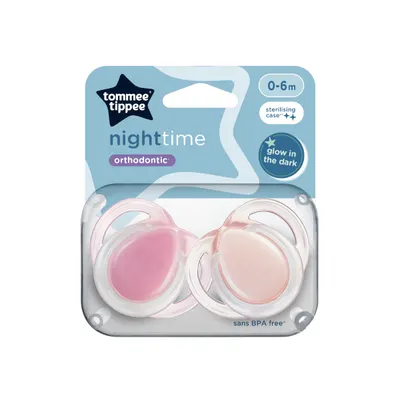 Suzeta ortodontica de noapte care lumineaza in intuneric pentru 0-6 luni Transparent/Roz, 2 bucati, Tommee Tippee