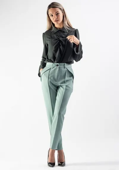 Pantaloni Moze drepti cu buzunare laterale de culoare vernil