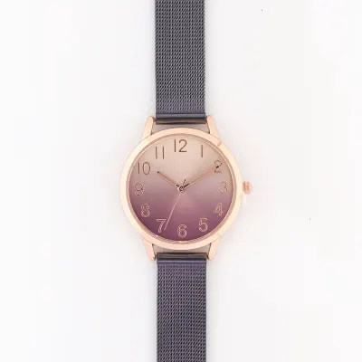 Ceas cu bratara mov si cadran in degrade roz-auriu