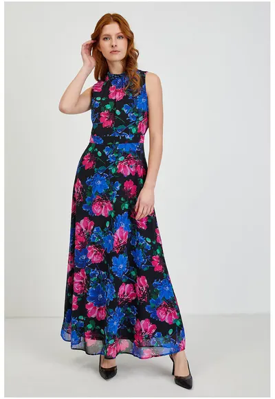 Rochie lunga cu model floral - Negru/Roz/Bleumarin
