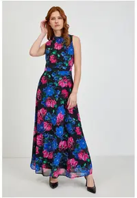 Rochie lunga cu model floral - Negru/Roz/Bleumarin
