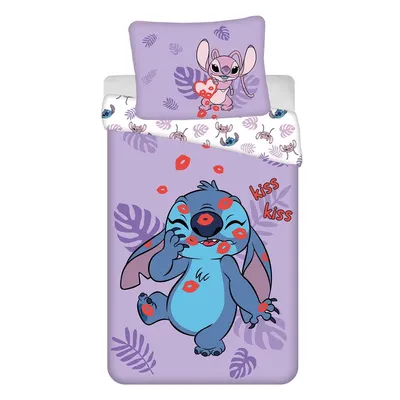Lenjerie de pat pentru copii mov din bumbac pentru pat de o persoană 140x200 cm Lilo and Stitch "Kiss" – Jerry Fabrics