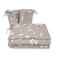 Lenjerie patut 3 piese, MimiNu, Pentru patut 120x60 cm, Cu protectie laterala, Din bumbac certificat Oeko Tex Standard 100, Bedtime story beige