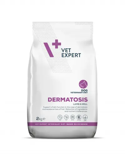Hrana dietetica pentru caini cu afectiuni dermatologice Vet Expert Dermatosis Dog, miel si krill, 2 kg