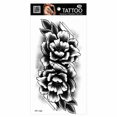 Tatuaj Temporar Semipermanent Flori Bujor Realiste – Design Floral Black & Grey, 18 cm