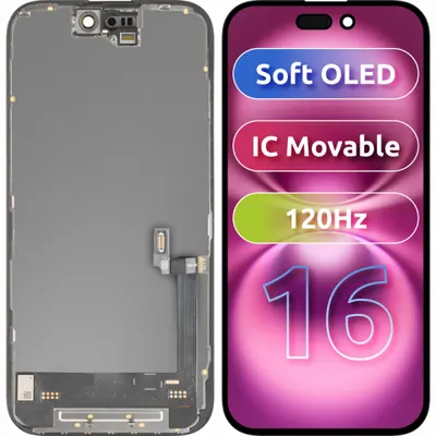 Display cu Touchscreen MP compatibil cu Apple iPhone 16, cu Rama, Versiune Soft OLED FHD 120Hz IC Movable, Negru