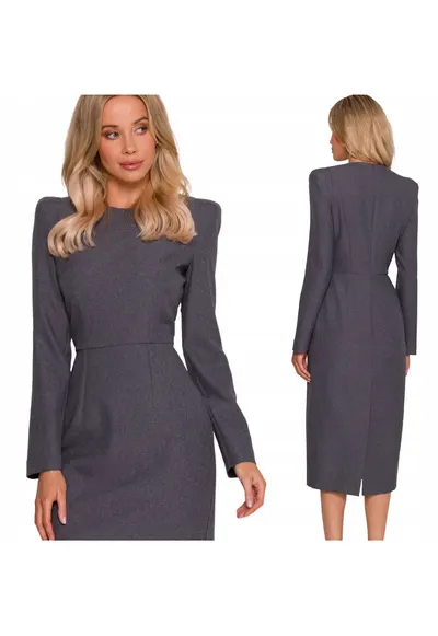 Rochie midi - S412 Gri Decolteu rotund Maneci lungi - Fermoar ascuns la spate - Gri