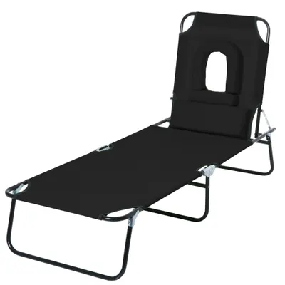 Sezlong Pliabil Outsunny cu Orificiu pentru Fata si Perne, pentru Gradina, Plaja si Camping, Negru | Aosom Romania