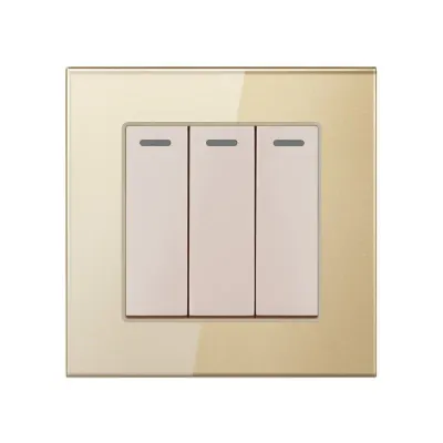 Intrerupator Triplu Cap Scara Cu Panou Din Sticla Securizata Techstar® TGS 01, 220V, 16A, 86 X 86 Mm, auriu, cu 3 Faze