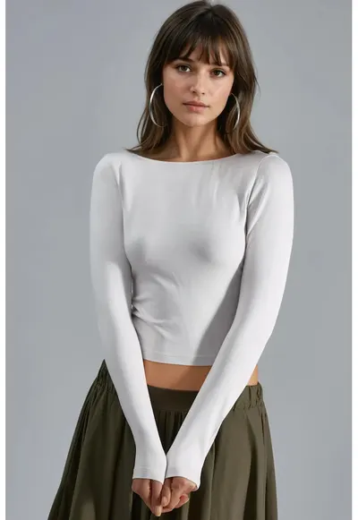 Bluza dama - crop slim fit - detalii la spate - alb jerseu