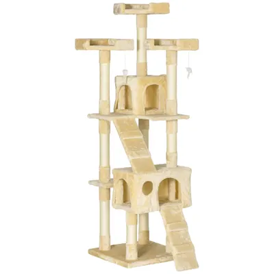 PawHut Copac Zgârietoare pentru Pisici cu 3 Platforme, 2 Căsuțe și Jocuri Suspendate, din Lemn și Blană, 49x49x173 cm, Cremă | Aosom Romania