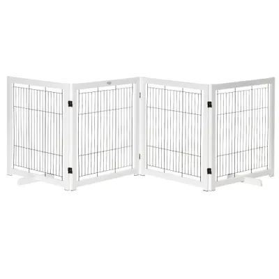 PawHut Poartă de protecție pentru câini cu picioare, 305 x 82 cm, lemn, pliabilă, pentru protecție la scări, uși, holuri, 4 panouri, Alb | Aosom Romania