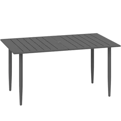 Outsunny Masă de Grădină Dreptunghiulară 150x90x73 cm, Masă de Dining pentru 6 Persoane cu Design cu Lamele și Gaură pentru Umbrelă din Oțel, Pentru Terasă, Balcon și Exterior, Negru | Aosom Romania