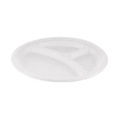 Farfurii Trestie, Biodegradabile, Compostabile, 3 Compartimente Rotunde, Albe, 26 cm, 125 buc