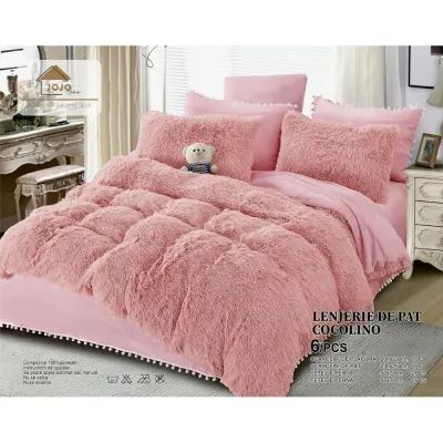 Lenjerie pat super pufoasa COCOLINO Fluffy cu ciucuri, 6 piese, ROZ