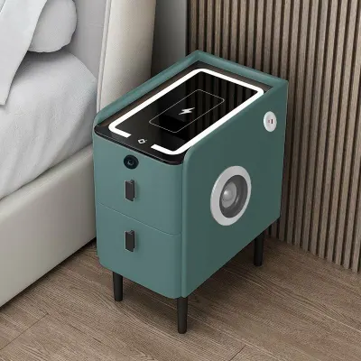 Noptiera inteligenta slim cu incarcare wireless, iluminare LED, difuzor Bluetooth, port USB & Type-C si sistem cu amprenta – culoare verde, 2 sertare, design modern din sticla si lemn