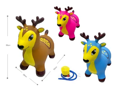Jucarie gonflabila pentru copii Malplay Brown Reindeer, din cauciuc rezistent cu pompa inclusa, dimensiune 50 x 52 x 26 cm
