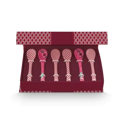 Set 6 lingurițe, din porțelan, Pip Studio, Dark Pink, 13 cm, colecția Flower Festival