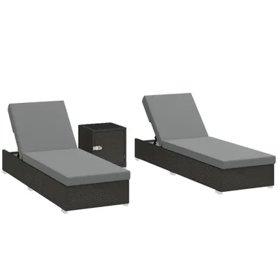 Outsunny Set 2 Șezlonguri de Grădină din Ratan cu Măsuță Laterală și Spătar Reglabil, 184x60x22 cm, Gri Închis | Aosom Romania