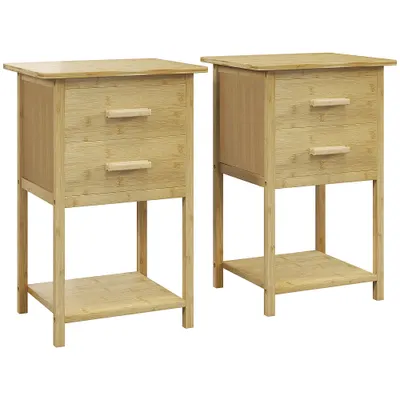 HOMCOM Noptiere, 2 piese, cu 2 Sertare și Poliță de Jos în Stil Nordic, Noptiere Moderne din Bambus, 40x34x60 cm, Lemn Natural | Aosom Romania