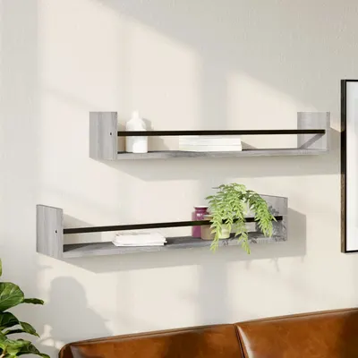 vidaXL Rafturi de perete cu bare, 2 buc, gri sonoma, 80x16x14 cm