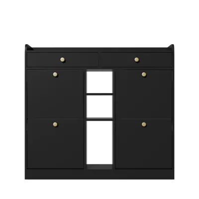 Dulap pentru pantofi cu 4 uși rabatabile, 2 sertare și 3 compartimente deschise, 110x26x100 cm, Negru