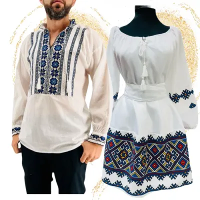Set Cuplu 604 Camasa Traditionala si Rochie Stilizata cu motive traditionale