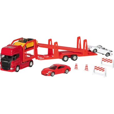 Camion die-cast transportor de masini Scania V8, scara 1 la 60-64, lungime 29 cm