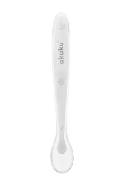 Lingurita din silicon pentru bebelusi Akuku Soft Spoon White,textura moale ce nu raneste gingiile,maner ergonomic,fara bpa,compatibila cu masina de vase