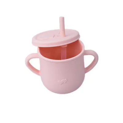 Cana din silicon cu manere si pai pentru copii 200 ml roz pal