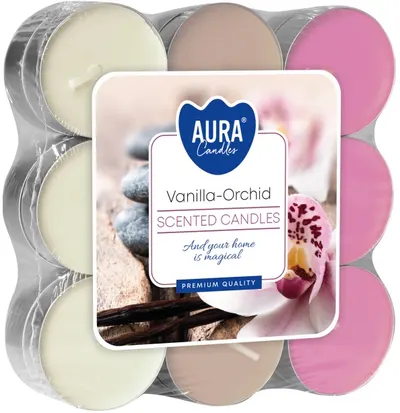 Lumânări parfumate de ceai Bispol Aura - Vanilla-Orchid, 18 bucăți